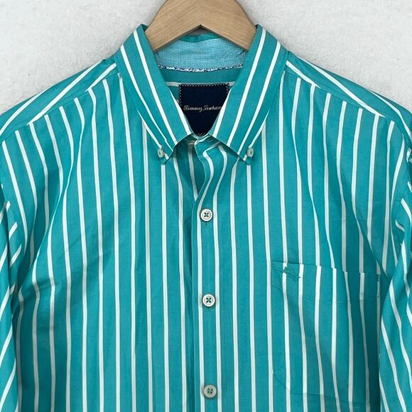 TOMMY BAHAMA Shirt Mens L Striped Flip Cuff Button Up Pima Cotton Teal Green - Picture 3 of 16